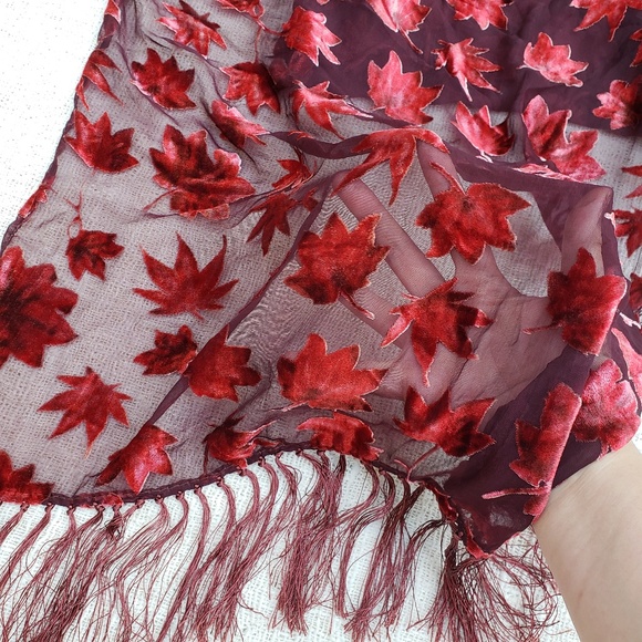 Vintage Burnout Velvet Fringe Tassel Leaf Scarf - Picture 2 of 5